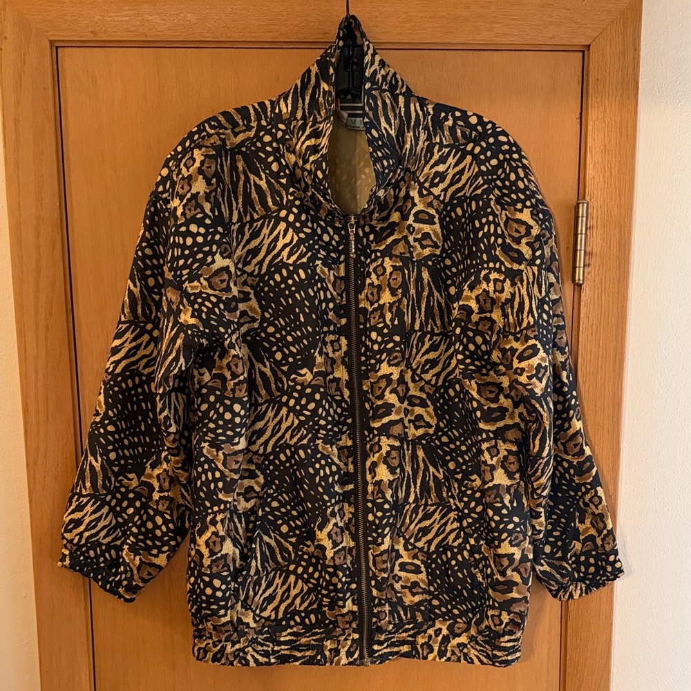 EVR Women’s Vintage Animal Print Cheetah Silk Jacket Black Tan Size Medium